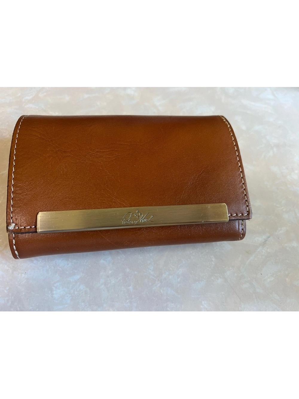 Patricia Nash Cametti Trifold Wallet Cognac Brown Leather Brass Bar Organizer